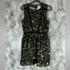Line & Dot Black & Gold Velvet Binding Rulex Dress Size S